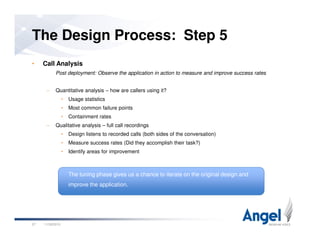 • Call Analysis
Post deployment: Observe the application in action to measure and improve success rates
– Quantitative analysis – how are callers using it?
• Usage statistics
• Most common failure points
• Containment rates
– Qualitative analysis – full call recordings
The Design Process: Step 5
– Qualitative analysis – full call recordings
• Design listens to recorded calls (both sides of the conversation)
• Measure success rates (Did they accomplish their task?)
• Identify areas for improvement
11/26/201027
The tuning phase gives us a chance to iterate on the original design and
improve the application.
 