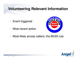• Event triggered
• Most recent action
Volunteering Relevant Information
11/26/201039
• Most likely across callers: the 80/20 rule
 