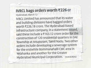 IVRCL bags orders worth Rs..226 crores