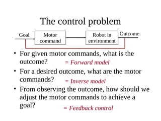 The control problem
Goal

Motor
command

Outcome
Robot in
environment

• For given motor commands, what is the
outcome?
= Forward model
• For a desired outcome, what are the motor
commands? = Inverse model
• From observing the outcome, how should we
adjust the motor commands to achieve a
goal?
= Feedback control

 