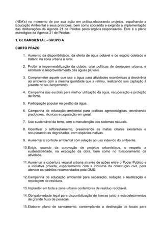 (NEA’s) no momento de por sua ação em prática,elaborando projetos, espalhando a
Educação Ambiental e seus princípios, bem como cobrando e exigindo a implementação
das deliberações da Agenda 21 de Pelotas pelos órgãos responsáveis. Este é o plano
estratégico da Agenda 21 de Pelotas:

1. GEOAMBIENTAL - GRUPO A

CURTO PRAZO

    1. Aumento da disponibilidade, da oferta de água potável e de esgoto coletado e
       tratado na zona urbana e rural.

    2. Proibir a impermeabilização da cidade, criar políticas de drenagem urbana, e
       estimular o reaproveitamento das águas pluviais.

    3. Comprometer aquele que usa a água para atividades econômicas a devolvê-la
       ao ambiente com a mesma qualidade que a retirou, realizando sua captação à
       jusante do seu lançamento.

    4. Campanha nas escolas para melhor utilização da água, recuperação e proteção
       de fonte.

    5. Participação popular na gestão da água.

    6. Campanha de educação ambiental para praticas agroecológicas, envolvendo
       produtores, técnicos e população em geral.

    7. Uso sustentável da terra, com a manutenção dos sistemas naturais.

    8. Incentivar o reflorestamento, preservando as matas ciliares existentes e
       recuperando as degradadas, com espécies nativas.

    9. Aumentar o controle ambiental com relação ao uso indevido do ambiente.

    10. Exigir, quando da aprovação de projetos urbanísticos, o respeito a
        sustentabilidade, na execução da obra, bem como no funcionamento da
        atividade.

    11. Aumentar a cobertura vegetal urbana através de ações entre o Poder Publico e
        a iniciativa privada, especialmente com a indústria da construção civil, para
        atender os padrões recomendados pela OMS.

    12. Campanha de educação ambiental para separação, redução e reutilização e
        reciclagem de resíduos.

    13. Implantar em toda a zona urbana contentores de resíduo reciclável.

    14. Obrigatoriedade legal para disponibilização de lixeiras junto a estabelecimentos
        de grande fluxo de pessoas.

    15. Elaborar plano de saneamento, contemplando a destinação de locais para
 