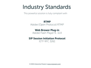 © 2016 Interactive Powers | www.ivrpowers.com
IVRPowers Webclient connects your PBX | IVR to your Web site
IT Architecture
IVRPowers
Cloud
Your PBX | IVR
Webclient
Your Website
RTMP SIP Trunking
 