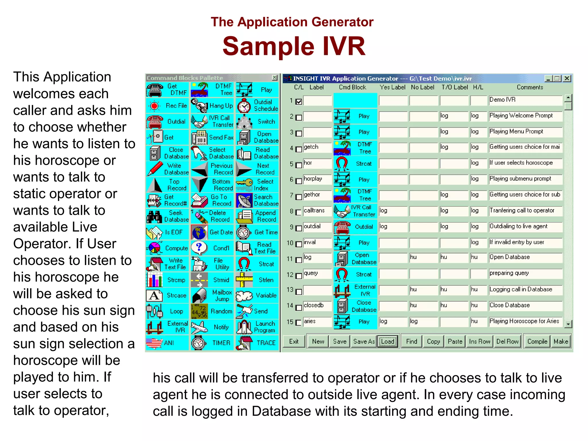 The Application Generator

Sample IVR
This Application
welcomes each
caller and asks him
to choose whether
he wants to listen to
his horoscope or
wants to talk to
static operator or
wants to talk to
available Live
Operator. If User
chooses to listen to
his horoscope he
will be asked to
choose his sun sign
and based on his
sun sign selection a
horoscope will be
played to him. If
user selects to
talk to operator,

his call will be transferred to operator or if he chooses to talk to live
agent he is connected to outside live agent. In every case incoming
call is logged in Database with its starting and ending time.

 