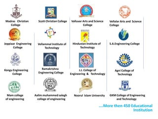 Madras Christian
College
Scott Christian College Valluvar Arts and Science
College
Vellalar Arts and Science
College
Jeppiaar Engineering
College
Vellammal Institute of
Technology
Hindustan Institute of
Technology
S.A.Engineering College
Kongu Engineering
College
Ramakrishna
Engineering College
J.J. College of
Engineering & Technology
Agni College of
Technology
GKM College of Engineering
and Technology
Noorul Islam UniversityMam college
of engineering
Aalim muhammed salegh
college of engineering
….More then 450 Educational
Institution
 