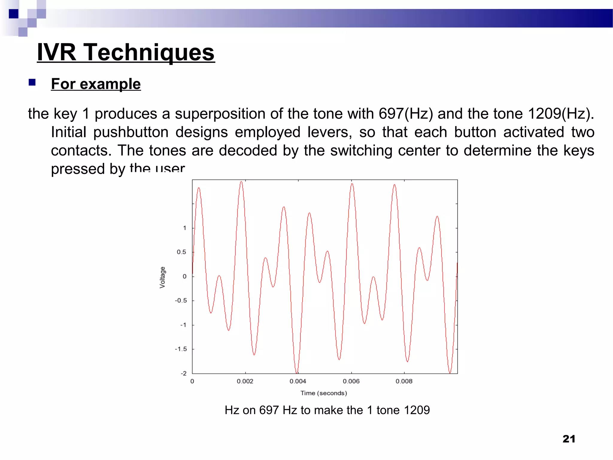 IVR Techniques
 For example
the key 1 produces a superposition of the tone with 697(Hz) and the tone 1209(Hz).
Initial pushbutton designs employed levers, so that each button activated two
contacts. The tones are decoded by the switching center to determine the keys
pressed by the user.
21
1209Hz on 697 Hz to make the 1 tone
 