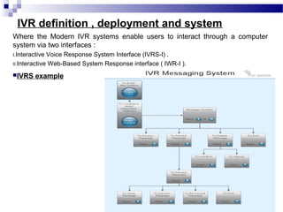 IVR definition , deployment and system
Where the Modern IVR systems enable users to interact through a computer
system via two interfaces :
I.Interactive Voice Response System Interface (IVRS-I) .
II.Interactive Web-Based System Response interface ( IWR-I ).
IVRS example
15
 
