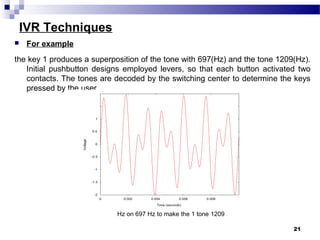 IVR Techniques
 For example
the key 1 produces a superposition of the tone with 697(Hz) and the tone 1209(Hz).
Initial pushbutton designs employed levers, so that each button activated two
contacts. The tones are decoded by the switching center to determine the keys
pressed by the user.
21
1209Hz on 697 Hz to make the 1 tone
 