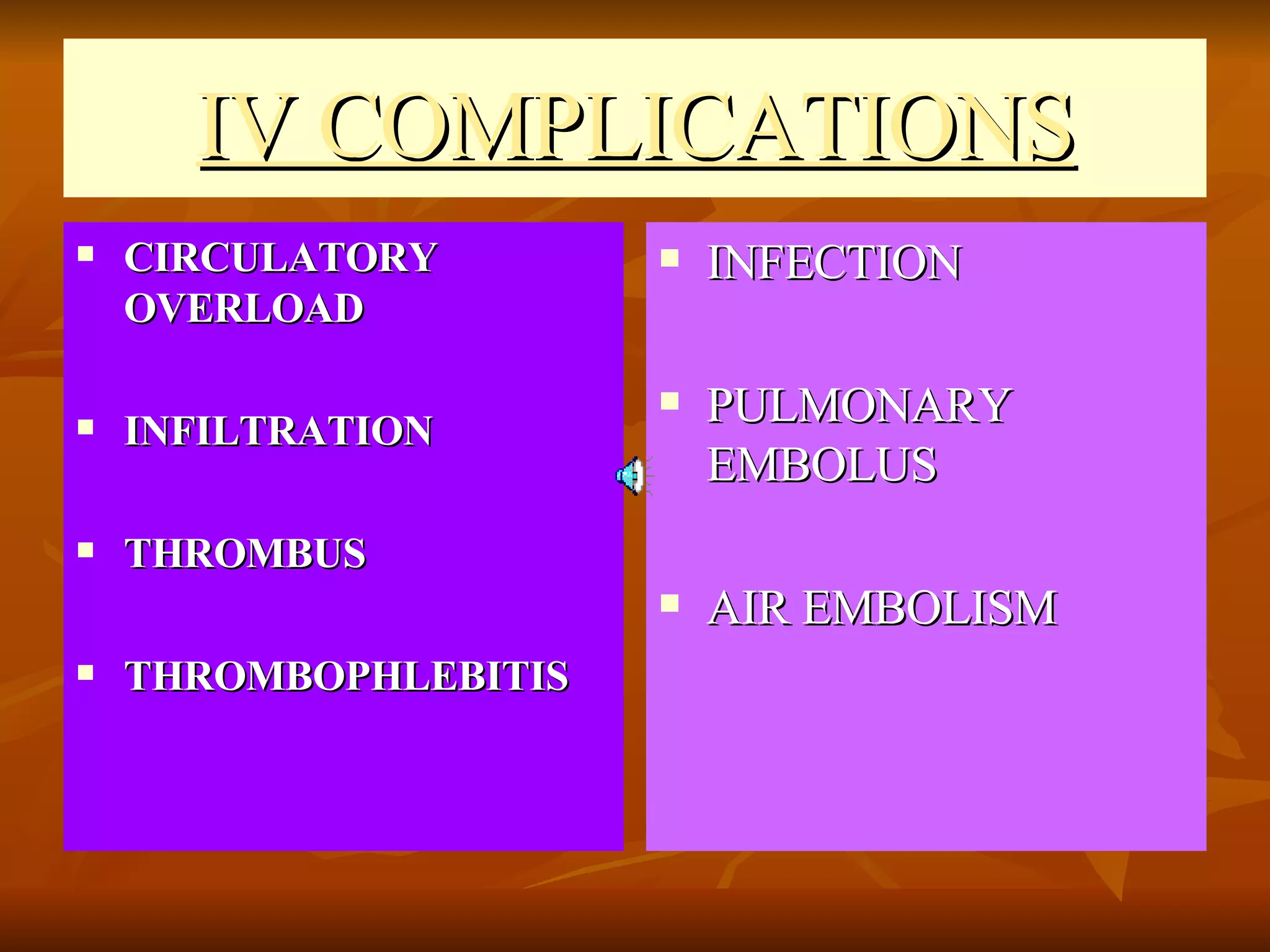 IV COMPLICATIONS CIRCULATORY OVERLOAD INFILTRATION  THROMBUS  THROMBOPHLEBITIS INFECTION PULMONARY EMBOLUS AIR EMBOLISM 