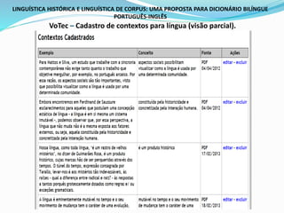 LINGUÍSTICA HISTÓRICA E LINGUÍSTICA DE CORPUS: UMA PROPOSTA PARA DICIONÁRIO BILÍNGUE
PORTUGUÊS-INGLÊS
VoTec – Cadastro de contextos para língua (visão parcial).
 