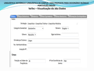 LINGUÍSTICA HISTÓRICA E LINGUÍSTICA DE CORPUS: UMA PROPOSTA PARA DICIONÁRIO BILÍNGUE
PORTUGUÊS-INGLÊS
VoTec – Visualização da aba Dados
 