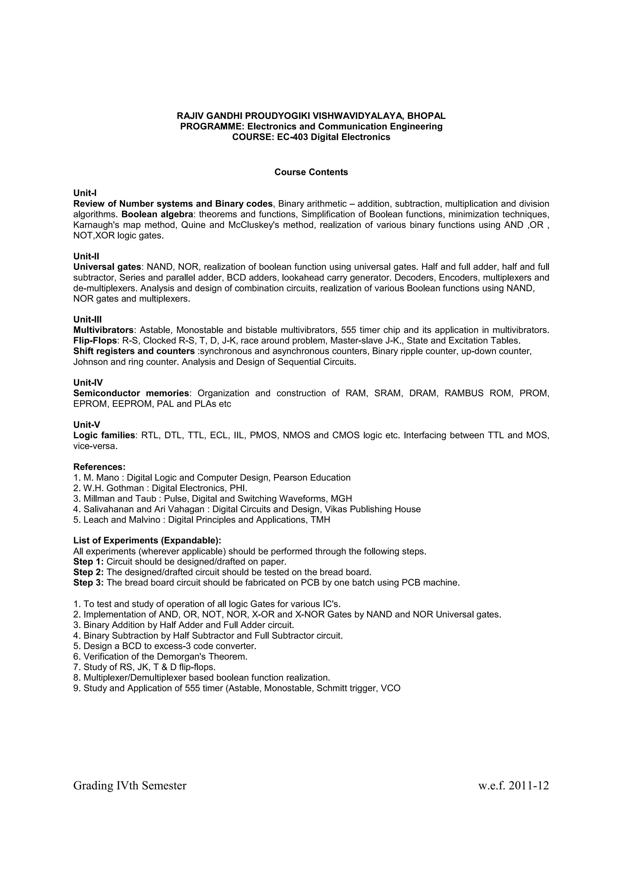 RAJIV GANDHI PROUDYOGIKI VISHWAVIDYALAYA, BHOPAL
                         PROGRAMME: Electronics and Communication Engineering
                                   COURSE: EC-403 Digital Electronics


                                                 Course Contents

Unit-I
Review of Number systems and Binary codes, Binary arithmetic – addition, subtraction, multiplication and division
algorithms. Boolean algebra: theorems and functions, Simplification of Boolean functions, minimization techniques,
Karnaugh's map method, Quine and McCluskey's method, realization of various binary functions using AND ,OR ,
NOT,XOR logic gates.

Unit-II
Universal gates: NAND, NOR, realization of boolean function using universal gates. Half and full adder, half and full
subtractor, Series and parallel adder, BCD adders, lookahead carry generator. Decoders, Encoders, multiplexers and
de-multiplexers. Analysis and design of combination circuits, realization of various Boolean functions using NAND,
NOR gates and multiplexers.

Unit-III
Multivibrators: Astable, Monostable and bistable multivibrators, 555 timer chip and its application in multivibrators.
Flip-Flops: R-S, Clocked R-S, T, D, J-K, race around problem, Master-slave J-K., State and Excitation Tables.
Shift registers and counters :synchronous and asynchronous counters, Binary ripple counter, up-down counter,
Johnson and ring counter. Analysis and Design of Sequential Circuits.

Unit-IV
Semiconductor memories: Organization and construction of RAM, SRAM, DRAM, RAMBUS ROM, PROM,
EPROM, EEPROM, PAL and PLAs etc

Unit-V
Logic families: RTL, DTL, TTL, ECL, IIL, PMOS, NMOS and CMOS logic etc. Interfacing between TTL and MOS,
vice-versa.

References:
1. M. Mano : Digital Logic and Computer Design, Pearson Education
2. W.H. Gothman : Digital Electronics, PHI.
3. Millman and Taub : Pulse, Digital and Switching Waveforms, MGH
4. Salivahanan and Ari Vahagan : Digital Circuits and Design, Vikas Publishing House
5. Leach and Malvino : Digital Principles and Applications, TMH

List of Experiments (Expandable):
All experiments (wherever applicable) should be performed through the following steps.
Step 1: Circuit should be designed/drafted on paper.
Step 2: The designed/drafted circuit should be tested on the bread board.
Step 3: The bread board circuit should be fabricated on PCB by one batch using PCB machine.

1. To test and study of operation of all logic Gates for various IC's.
2. Implementation of AND, OR, NOT, NOR, X-OR and X-NOR Gates by NAND and NOR Universal gates.
3. Binary Addition by Half Adder and Full Adder circuit.
4. Binary Subtraction by Half Subtractor and Full Subtractor circuit.
5. Design a BCD to excess-3 code converter.
6. Verification of the Demorgan's Theorem.
7. Study of RS, JK, T & D flip-flops.
8. Multiplexer/Demultiplexer based boolean function realization.
9. Study and Application of 555 timer (Astable, Monostable, Schmitt trigger, VCO




Grading IVth Semester                                                                               w.e.f. 2011-12
 