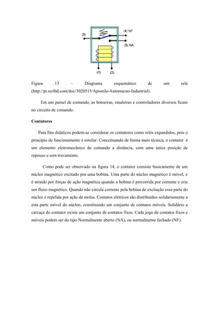 Figura 13 – Diagrama esquemático de um relé
(http://pt.scribd.com/doc/3020515/Apostila-Automacao-Industrial).
Em um painel de comando, as botoeiras, sinaleiras e controladores diversos ficam
no circuito de comando.
Contatores
Para fins didáticos podem-se considerar os contatores como relés expandidos, pois o
principio de funcionamento é similar. Conceituando de forma mais técnica, o contator é
um elemento eletromecânico de comando a distância, com uma única posição de
repouso e sem travamento.
Como pode ser observado na figura 14, o contator consiste basicamente de um
núcleo magnético excitado por uma bobina. Uma parte do núcleo magnético é móvel, e
é atraído por forças de ação magnética quando a bobina é percorrida por corrente e cria
um fluxo magnético. Quando não circula corrente pela bobina de excitação essa parte do
núcleo é repelida por ação de molas. Contatos elétricos são distribuídos solidariamente a
esta parte móvel do núcleo, constituindo um conjunto de contatos móveis. Solidário a
carcaça do contator existe um conjunto de contatos fixos. Cada jogo de contatos fixos e
móveis podem ser do tipo Normalmente aberto (NA), ou normalmente fechado (NF).
 