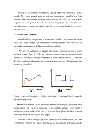 Nota-se que os elementos mostrados na figura 1 pertencem a primeira e segunda
camada. Na terceira camada estão os sistemas supervisórios, operados pela “mão
humana”, onde são tomadas decisões importantes no processo, tal como paradas
programadas de máquina e alterações no volume de produção. Esses também estão
integrados com os sistemas gerenciais, responsáveis pela contabilidade dos produtos e
recursos fabris.
2.1 – Variáveis de Controle
Conceitualmente designam-se os sensores de entradas e os atuadores de saídas,
sendo que ambas podem ser representadas matematicamente por variáveis. Em
automação, estas podem ser dividias em analógicas e digitais.
As variáveis analógicas são aquelas que variam continuamente com o tempo,
conforme mostra a figura 3(a). Elas são comumente encontradas em processos químicos
advindas de sensores de pressão, temperatura e outras variáveis físicas. As variáveis
discretas, ou digitais, são aquelas que variam discretamente com o tempo, como pode
ser visto na figura 3(b).
Figura 3 – Variáveis analógicas e digitais (http://pt.scribd.com/doc/3020515/Apostila-
Automacao-Industrial).
Dessa forma podemos definir o Controle Analógico como aquele que se destina ao
monitoramento das variáveis analógicas e ao controle discreto como sendo o
monitoramento das variáveis discretas. O primeiro tipo englobar variáveis discretas,
consistindo assim em um conceito mais amplo.
Ainda no controle analógico podemos separar entradas convencionais, tais como
comandos do operador, ou varáveis discretas gerais, das entradas analógicas advindas
 