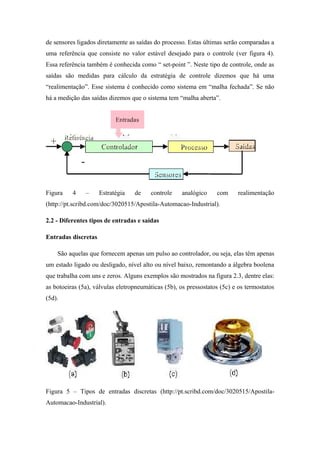 de sensores ligados diretamente as saídas do processo. Estas últimas serão comparadas a
uma referência que consiste no valor estável desejado para o controle (ver figura 4).
Essa referência também é conhecida como “ set-point ”. Neste tipo de controle, onde as
saídas são medidas para cálculo da estratégia de controle dizemos que há uma
“realimentação”. Esse sistema é conhecido como sistema em “malha fechada”. Se não
há a medição das saídas dizemos que o sistema tem “malha aberta”.
Figura 4 – Estratégia de controle analógico com realimentação
(http://pt.scribd.com/doc/3020515/Apostila-Automacao-Industrial).
2.2 - Diferentes tipos de entradas e saídas
Entradas discretas
São aquelas que fornecem apenas um pulso ao controlador, ou seja, elas têm apenas
um estado ligado ou desligado, nível alto ou nível baixo, remontando a álgebra boolena
que trabalha com uns e zeros. Alguns exemplos são mostrados na figura 2.3, dentre elas:
as botoeiras (5a), válvulas eletropneumáticas (5b), os pressostatos (5c) e os termostatos
(5d).
Figura 5 – Tipos de entradas discretas (http://pt.scribd.com/doc/3020515/Apostila-
Automacao-Industrial).
 