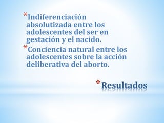 *Resultados
*Indiferenciación
absolutizada entre los
adolescentes del ser en
gestación y el nacido.
*Conciencia natural entre los
adolescentes sobre la acción
deliberativa del aborto.
 