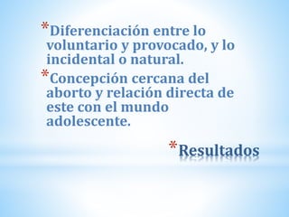 *Resultados
*Diferenciación entre lo
voluntario y provocado, y lo
incidental o natural.
*Concepción cercana del
aborto y relación directa de
este con el mundo
adolescente.
 
