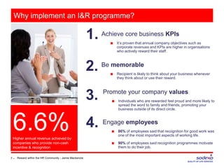 Why implement an I&R programme?
7 –
Achieve core business KPIs
■ It’s proven that annual company objectives such as
corporate revenues and KPIs are higher in organisations
who actively reward their staff.
1.
3.
2.
6.6%Higher annual revenue achieved by
companies who provide non-cash
incentive & recognition
4. Engage employees
■ 86% of employees said that recognition for good work was
one of the most important aspects of working life.
■ 90% of employees said recognition programmes motivate
them to do their job.
Promote your company values
■ Individuals who are rewarded feel proud and more likely to
spread the word to family and friends, promoting your
business outside of its direct circle.
Be memorable
■ Recipient is likely to think about your business whenever
they think about or use their reward.
Reward within the HR Community - Jamie Mackenzie
 