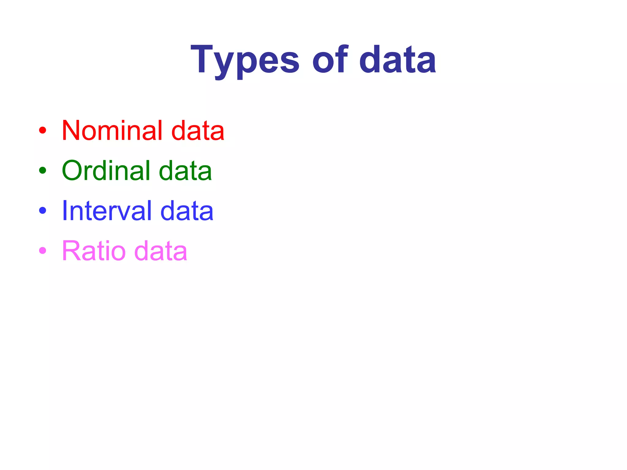 Types of data
• Nominal data
• Ordinal data
• Interval data
• Ratio data
 