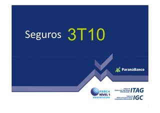 Qualidade da Carteira de Crédito
PDD 70.649 62.331 13,3% 51.469 37,3%
Carteira (> 90 dias) 74.725 67.023 11,5% 56.151 33,1%
Carteira (> 180 dias) 46.820 38.475 21,7% 30.420 53,9%
Carteira Total* (a) 1.398.582 1.347.703 3,8% 1.330.658 5,1%
Índice de cobertura da carteira (PDD / > 90 dias) 94,5% 93,0% 1,5 p.p. 91,7% 2,9 p.p.
Índice de cobertura da carteira (PDD / > 180 dias) 150,9% 162,0% (11,1 p.p.) 169,2% (18,3 p.p.)
PDD / Carteira Total 5,1% 4,6% 0,5 p.p. 3,9% 1,2 p.p.
Créditos Baixados a Prejuízo (b)
8.754 13.250 (33,9%) 7.856 11,4%
Nível de perda (b/a)
0,6% 1,0% (0,4 p.p.) 0,6% 0,0 p.p.
4T09 x
4T08
R$ 4T09 3T09
4T09 x
3T09
4T08
Seguros 3T10
20
* Inclui saldo da cessão com coobrigação.
Inadimplência SFN
PF (>90 dias) = 7,8%
PJ (>90 dias) = 3,8%
Inadimplência Paraná Banco
Consignado (>90 dias) = 5,9%
PME (>90 dias) = 0,8%
Nível de perda (b/a)
0,6% 1,0% (0,4 p.p.) 0,6% 0,0 p.p.
 