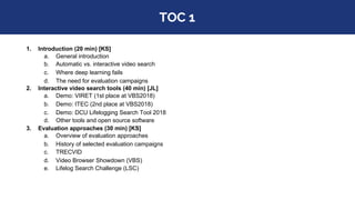 TOC 1
1. Introduction (20 min) [KS]
a. General introduction
b. Automatic vs. interactive video search
c. Where deep learni...