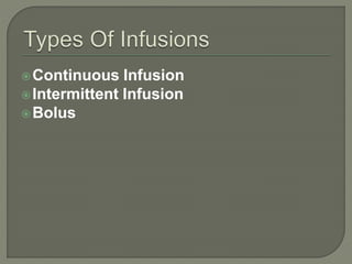 Continuous Infusion
Intermittent Infusion
Bolus
 