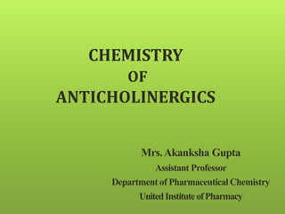 CHEMISTRY
OF
ANTICHOLINERGICS
Mrs.Akanksha Gupta
Assistant Professor
Department of Pharmaceutical Chemistry
UnitedInstituteofPharmacy
 