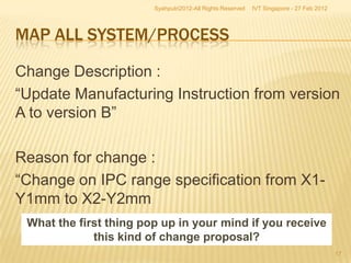 Syahputri2012-All Rights Reserved   IVT Singapore - 27 Feb 2012




MAP ALL SYSTEM/PROCESS

Change Description :
“Update Manufacturing Instruction from version
A to version B”

Reason for change :
“Change on IPC range specification from X1-
Y1mm to X2-Y2mm
 What the first thing pop up in your mind if you receive
             this kind of change proposal?
                                                                                          17
 