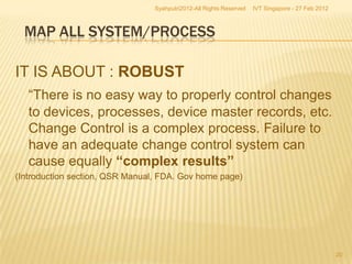 Syahputri2012-All Rights Reserved   IVT Singapore - 27 Feb 2012



  MAP ALL SYSTEM/PROCESS

IT IS ABOUT : ROBUST
   “There is no easy way to properly control changes
   to devices, processes, device master records, etc.
   Change Control is a complex process. Failure to
   have an adequate change control system can
   cause equally “complex results”
(Introduction section, QSR Manual, FDA. Gov home page)




                                                                                                   20
 