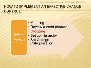 Syahputri2012-All Rights Reserved   IVT Singapore - 27 Feb 2012


HOW TO IMPLEMENT AN EFFECTIVE CHANGE
CONTROL :

             •   Mapping
             •   Review current process
             •   Grouping
     Define/ •   Set up Hierarchy
    Improve •    Set Change
                 Categorization




                                                                                        26
 