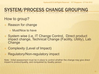Syahputri2012-All Rights Reserved   IVT Singapore - 27 Feb 2012




SYSTEM/PROCESS CHANGE GROUPING
How to group?
   Reason for change
        Must/Nice to have
   System wise (i.e. IT Change Control, Direct product
    impact change, Technical Change (Facility, Utility), Lab
    Change
   Complexity (Level of Impact)
   Regulatory/Non-regulatory impact
Note : Initial assessment must be in place to control whether the change may give direct
impact to product/quality, and conquered by Quality person



                                                                                                          30
 