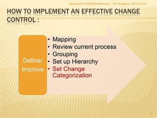 Syahputri2012-All Rights Reserved   IVT Singapore - 27 Feb 2012


HOW TO IMPLEMENT AN EFFECTIVE CHANGE
CONTROL :

             •   Mapping
             •   Review current process
             •   Grouping
     Define/ •   Set up Hierarchy
    Improve •    Set Change
                 Categorization




                                                                                        37
 