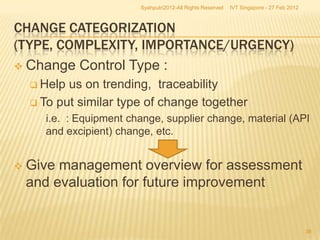 Syahputri2012-All Rights Reserved   IVT Singapore - 27 Feb 2012



CHANGE CATEGORIZATION
(TYPE, COMPLEXITY, IMPORTANCE/URGENCY)
 Change Control Type :
     Help us on trending, traceability
     To put similar type of change together
      i.e. : Equipment change, supplier change, material (API
      and excipient) change, etc.


   Give management overview for assessment
    and evaluation for future improvement


                                                                                           38
 