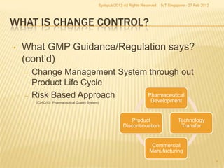 Syahputri2012-All Rights Reserved   IVT Singapore - 27 Feb 2012




WHAT IS CHANGE CONTROL?

•   What GMP Guidance/Regulation says?
    (cont’d)
    –   Change Management System through out
        Product Life Cycle
    –   Risk Based Approach     Pharmaceutical
        (ICH Q10 : Pharmaceutical Quality System)                            Development


                                                                 Product                     Technology
                                                             Discontinuation                  Transfer


                                                                              Commercial
                                                                             Manufacturing
                                                                                                                  4
 