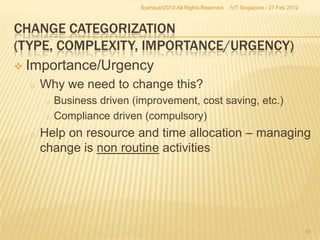 Syahputri2012-All Rights Reserved   IVT Singapore - 27 Feb 2012



CHANGE CATEGORIZATION
(TYPE, COMPLEXITY, IMPORTANCE/URGENCY)
 Importance/Urgency
  o   Why we need to change this?
       o   Business driven (improvement, cost saving, etc.)
       o   Compliance driven (compulsory)
  o   Help on resource and time allocation – managing
      change is non routine activities




                                                                                               41
 