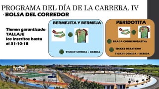 PROGRAMA DEL DÍA DE LA CARRERA. IV
• BOLSA DEL CORREDOR
PERIDOTITA
Tienen garantizado
TALLAJE
los inscritos hasta
el 31-10-18
BERMEJITA Y BERMEJA
 