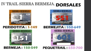 IV TRAIL SIERRA BERMEJA.
PERIDOTITA : 1-149
BERMEJA : 150-549
BERMEJITA : 550-649
DORSALES
PEQUETRAIL : 650-700
 