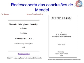 Redescoberta das conclusões de Mendelhttp://www.esp.org/books/bateson/mendel/facsimile/http://www.esp.org/foundations/genetics/classical/holdings/p/rcp-mendelism-2ed-i.pdf
