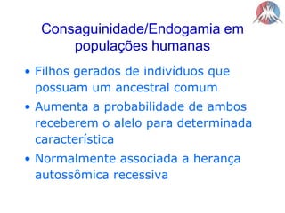 Consaguinidade/Endogamia em populações humanasFilhos gerados de indivíduos que possuam um ancestral comumAumenta a probabilidade de ambos receberem o alelo para determinada característicaNormalmente associada a herança autossômica recessiva
