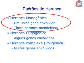 Padrões de HerançaHerança MonogênicaUm único gene envolvidoTípica herança mendelianaHerança OligogênicaAlguns genes envolvidosHerança complexa (Poligênica)Muitos genes envolvidos