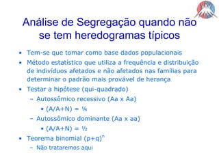 Análise de Segregação quando não se tem heredogramas típicosTem-se que tomar como base dados populacionaisMétodo estatístico que utiliza a frequência e distribuição de indivíduos afetados e não afetados nas famílias para determinar o padrão mais provável de herançaTestar a hipótese (qui-quadrado)Autossômico recessivo (Aa x Aa)(A/A+N) = ¼Autossômico dominante (Aa x aa)(A/A+N) = ½Teorema binomial (p+q)nNão trataremos aqui