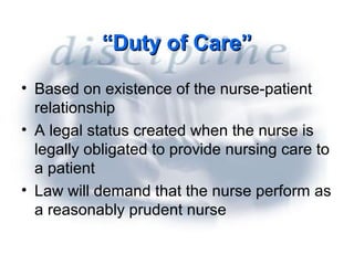 Breach of Duty


Nurse’s care fell below the acceptable
 Standard of Care
Results:
 malpractice case – compensatory $$$
 l...