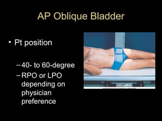 AP Oblique Bladder
• Pt position
– 40- to 60-degree
– RPO or LPO
depending on
physician
preference

 