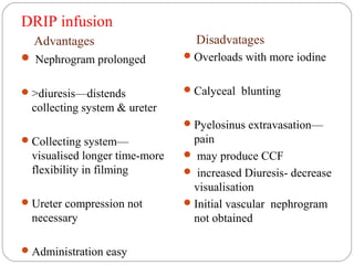 DRIP infusion
Advantages
 Nephrogram prolonged
>diuresis—distends
collecting system & ureter
Collecting system—
visualised longer time-more
flexibility in filming
Ureter compression not
necessary
Administration easy
Disadvatages
Overloads with more iodine
Calyceal blunting
Pyelosinus extravasation—
pain
 may produce CCF
 increased Diuresis- decrease
visualisation
Initial vascular nephrogram
not obtained
 