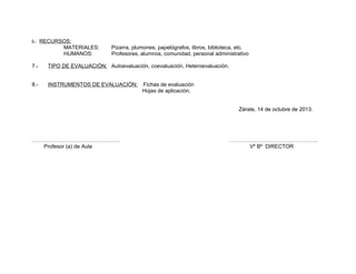 6.-

RECURSOS:
MATERIALES:
HUMANOS:

Pizarra, plumones, papelógrafos, libros, biblioteca, etc.
Profesores, alumnos, comunidad, personal administrativo

7.-

TIPO DE EVALUACIÓN: Autoevaluación, coevaluación, Heteroevaluación.

8.-

INSTRUMENTOS DE EVALUACIÓN:

Fichas de evaluación
Hojas de aplicación.
Zárate, 14 de octubre de 2013.

………………………………………….
Profesor (a) de Aula

………………………………………….
Vº Bº DIRECTOR

 