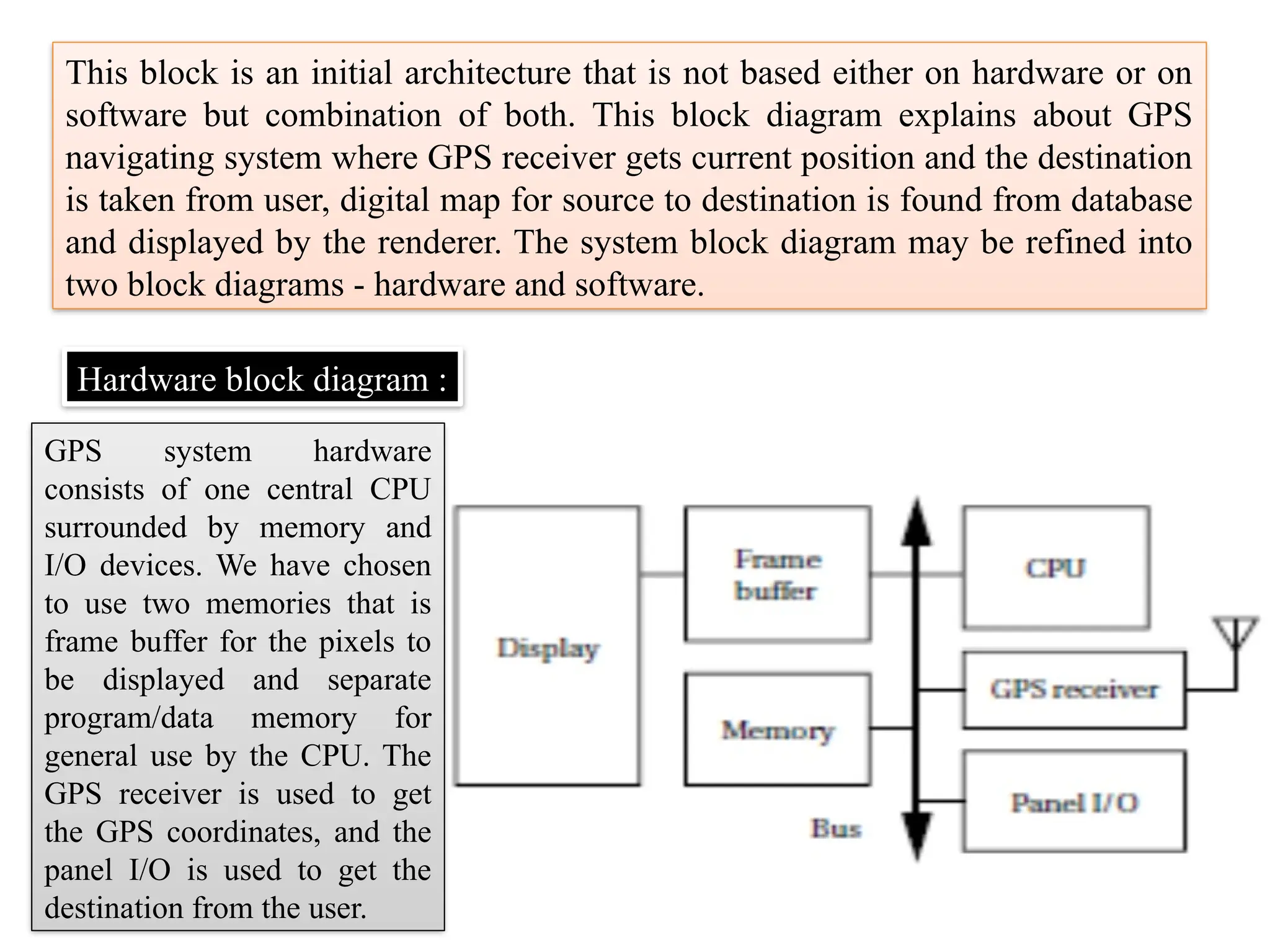 This block is an initial architecture that is not based either on hardware or on
software but combination of both. This block diagram explains about GPS
navigating system where GPS receiver gets current position and the destination
is taken from user, digital map for source to destination is found from database
and displayed by the renderer. The system block diagram may be refined into
two block diagrams - hardware and software.
Hardware block diagram :
GPS system hardware
consists of one central CPU
surrounded by memory and
I/O devices. We have chosen
to use two memories that is
frame buffer for the pixels to
be displayed and separate
program/data memory for
general use by the CPU. The
GPS receiver is used to get
the GPS coordinates, and the
panel I/O is used to get the
destination from the user.
 