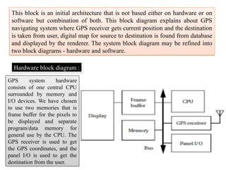 This block is an initial architecture that is not based either on hardware or on
software but combination of both. This block diagram explains about GPS
navigating system where GPS receiver gets current position and the destination
is taken from user, digital map for source to destination is found from database
and displayed by the renderer. The system block diagram may be refined into
two block diagrams - hardware and software.
Hardware block diagram :
GPS system hardware
consists of one central CPU
surrounded by memory and
I/O devices. We have chosen
to use two memories that is
frame buffer for the pixels to
be displayed and separate
program/data memory for
general use by the CPU. The
GPS receiver is used to get
the GPS coordinates, and the
panel I/O is used to get the
destination from the user.
 