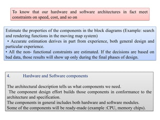 To know that our hardware and software architectures in fact meet
constraints on speed, cost, and so on
Estimate the properties of the components in the block diagrams (Example: search
and rendering functions in the moving map system)
• Accurate estimation derives in part from experience, both general design and
particular experience.
• All the non- functional constraints are estimated. If the decisions are based on
bad data, those results will show up only during the final phases of design.
4. Hardware and Software components
The architectural description tells us what components we need.
The component design effort builds those components in conformance to the
architecture and specification.
The components in general includes both hardware and software modules.
Some of the components will be ready-made (example :CPU, memory chips).
 