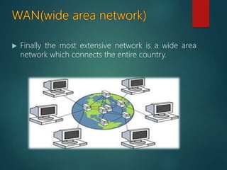  Finally the most extensive network is a wide area
network which connects the entire country.
 