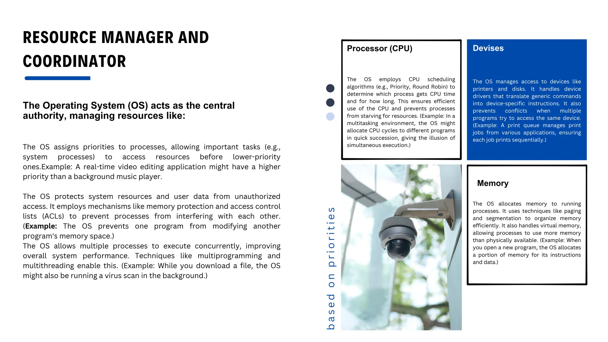 RESOURCE MANAGER AND
COORDINATOR
The Operating System (OS) acts as the central
authority, managing resources like:
b
a
s
e
d
o
n
p
r
i
o
r
i
t
i
e
s
Processor (CPU)
The OS employs CPU scheduling
algorithms (e.g., Priority, Round Robin) to
determine which process gets CPU time
and for how long. This ensures efficient
use of the CPU and prevents processes
from starving for resources. (Example: In a
multitasking environment, the OS might
allocate CPU cycles to different programs
in quick succession, giving the illusion of
simultaneous execution.)
Memory
The OS allocates memory to running
processes. It uses techniques like paging
and segmentation to organize memory
efficiently. It also handles virtual memory,
allowing processes to use more memory
than physically available. (Example: When
you open a new program, the OS allocates
a portion of memory for its instructions
and data.)
Devises
The OS manages access to devices like
printers and disks. It handles device
drivers that translate generic commands
into device-specific instructions. It also
prevents conflicts when multiple
programs try to access the same device.
(Example: A print queue manages print
jobs from various applications, ensuring
each job prints sequentially.)
The OS assigns priorities to processes, allowing important tasks (e.g.,
system processes) to access resources before lower-priority
ones.Example: A real-time video editing application might have a higher
priority than a background music player.
The OS protects system resources and user data from unauthorized
access. It employs mechanisms like memory protection and access control
lists (ACLs) to prevent processes from interfering with each other.
(Example: The OS prevents one program from modifying another
program's memory space.)
The OS allows multiple processes to execute concurrently, improving
overall system performance. Techniques like multiprogramming and
multithreading enable this. (Example: While you download a file, the OS
might also be running a virus scan in the background.)
 