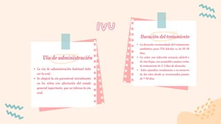 IVU
IVU
Duración del tratamiento
Vía de administración
La vía de administración habitual debe
ser la oral.
Se elegirá la vía parenteral inicialmente
en los niños con afectación del estado
general importante, que no toleran la vía
oral.
La duración recomendada del tratamiento
antibiótico para ITU febriles es de 10-14
días.
En niños con infección urinaria afebril o
de vías bajas, son aceptables pautas cortas
de tratamiento de 3-5 días de duración.
Salvo episodios recidivantes o en menores
de dos años donde se recomiendan pautas
de 7-10 días.
 